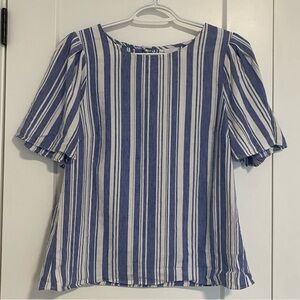 CAbi 5343 Wing Top Blue White Striped Linen Blend Blouse Crop Keyhole Size Small